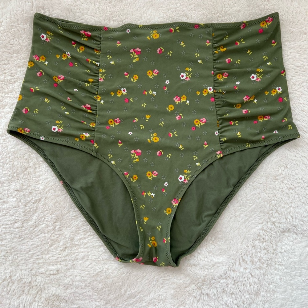 Aerie Hi Waisted Green Floral Print Bikini Bottoms